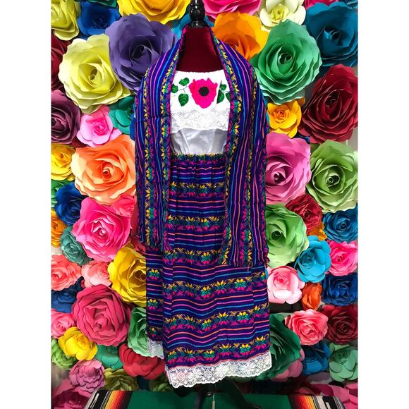 Mexican 3 piece set Blouse Cambaya skirt elastic waist and belt or mini rebozo - Picture 8 of 9